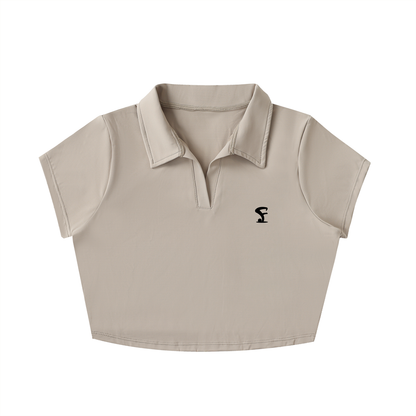 Pin Logo V-Neck Lapel Crop Top Tan