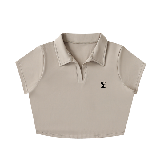 Pin Logo V-Neck Lapel Crop Top Tan