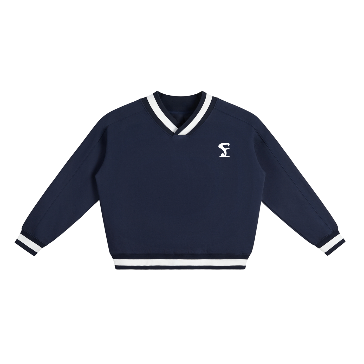 Pin Logo Navy V-Neck Contrast Collar Boxy Sweatshirt