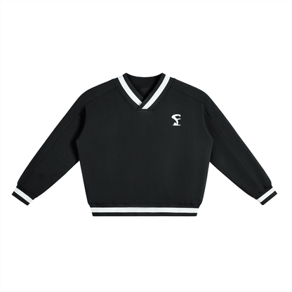 Pin Logo Black V-Neck Contrast Collar Boxy Sweatshirt