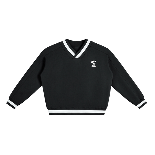 Pin Logo Black V-Neck Contrast Collar Boxy Sweatshirt
